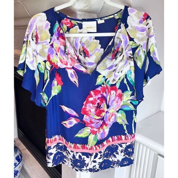 Anthropologie Maeve 100% Silk Navy Blue Floral Sheer Short Sleeve Blouse Sz 0 - Picture 7 of 8